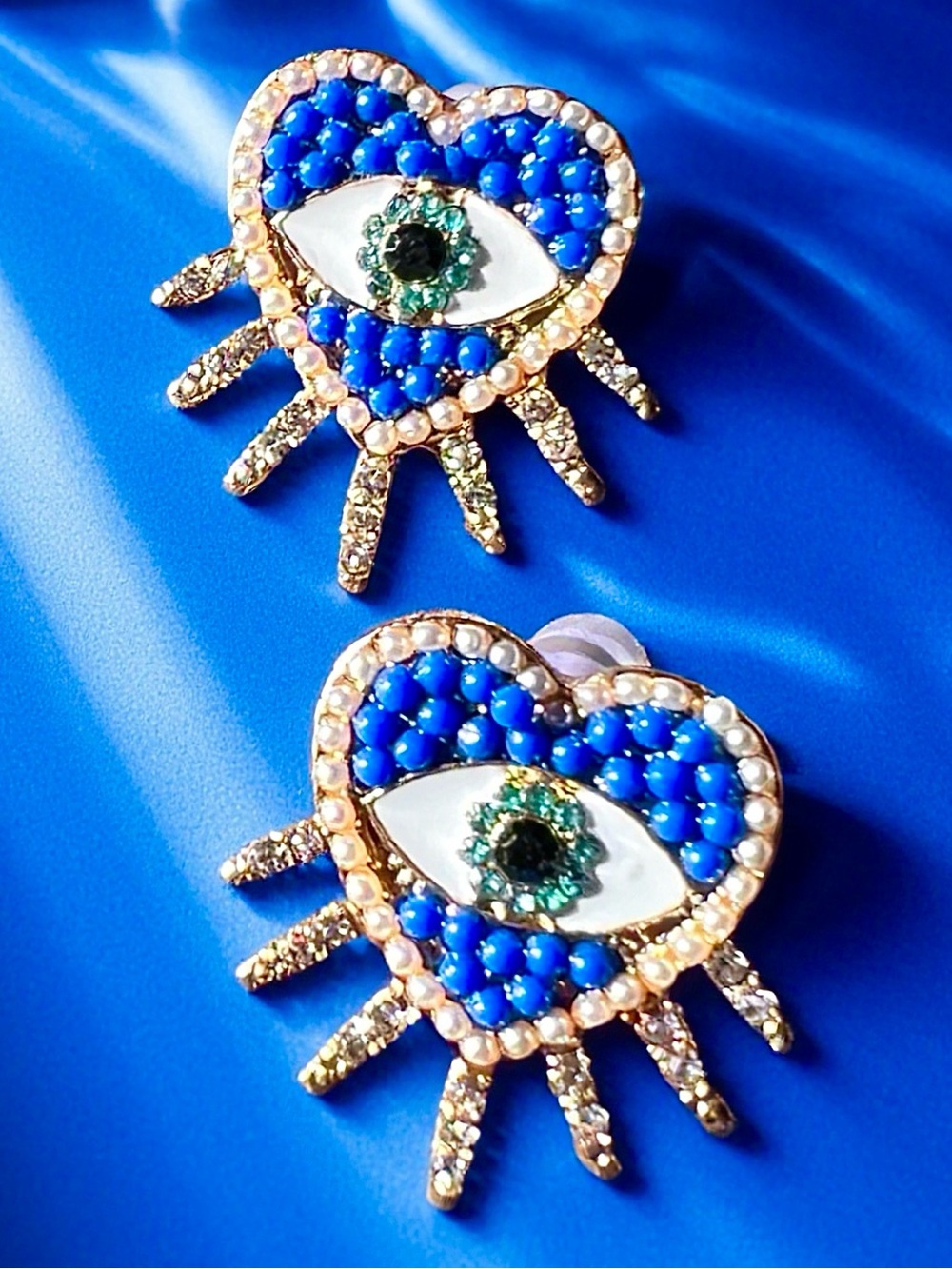 Blue and White Gold Heart Rhinestone Evil Eye Post Earrings with Spikes